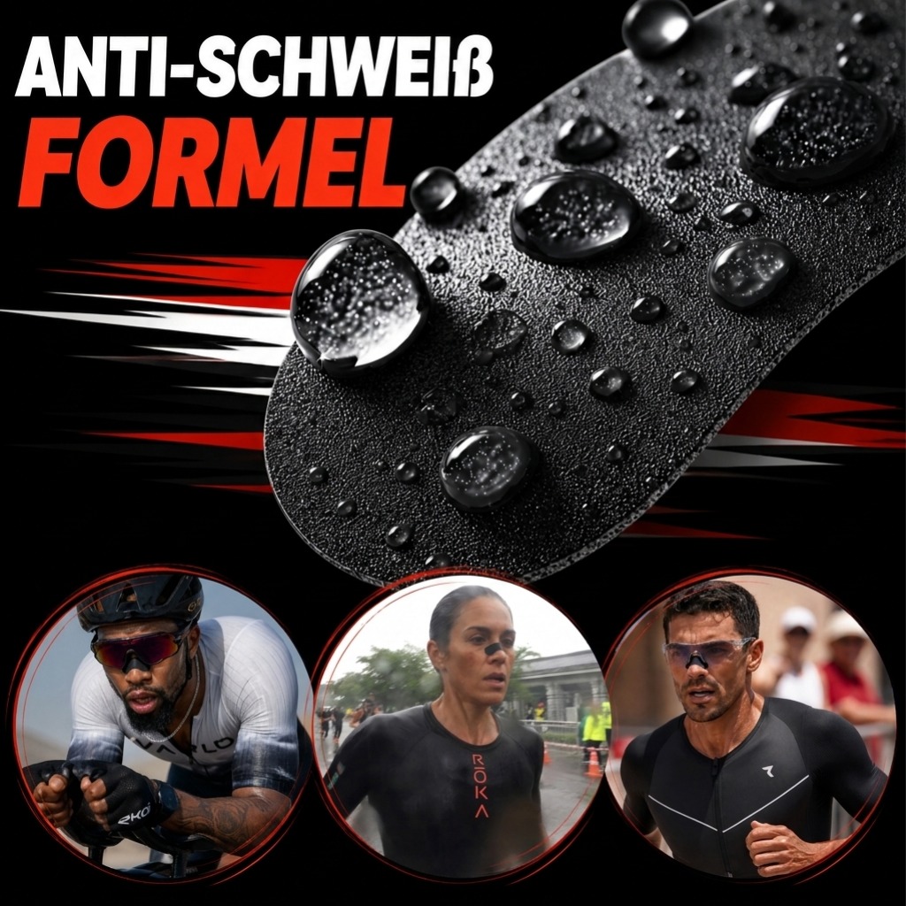 Nahaufnahme des RAPTO NC-01 Strips mit Wassertropfen, darunter drei Ausdauerathleten bei Regen und Schweiß